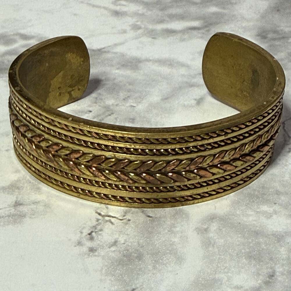 Vintage‎ Mixed Metal Brass and Copper Braided Inlay Cuff Bracelet